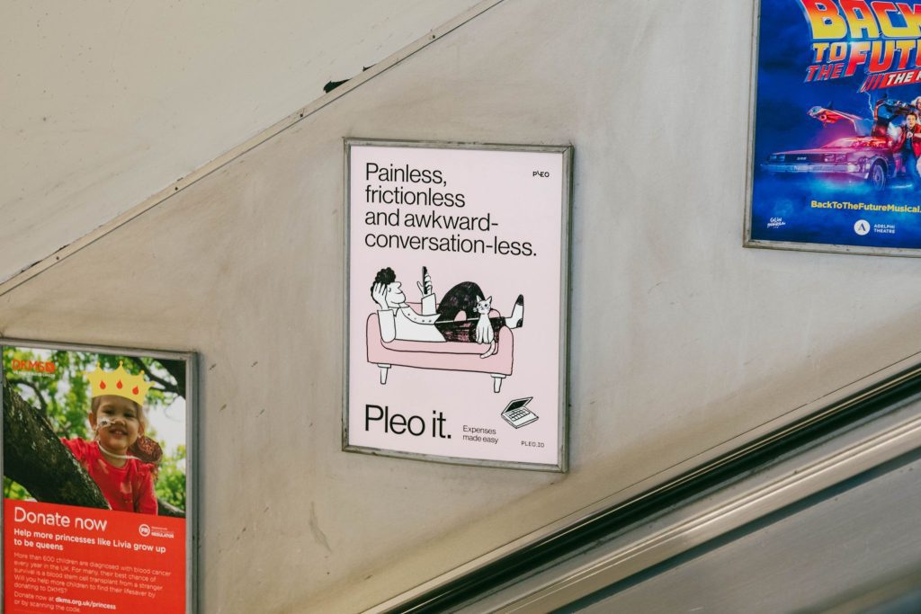 An advert for Pleo using lift escalator panels (LEP's) advertising on the London Underground.