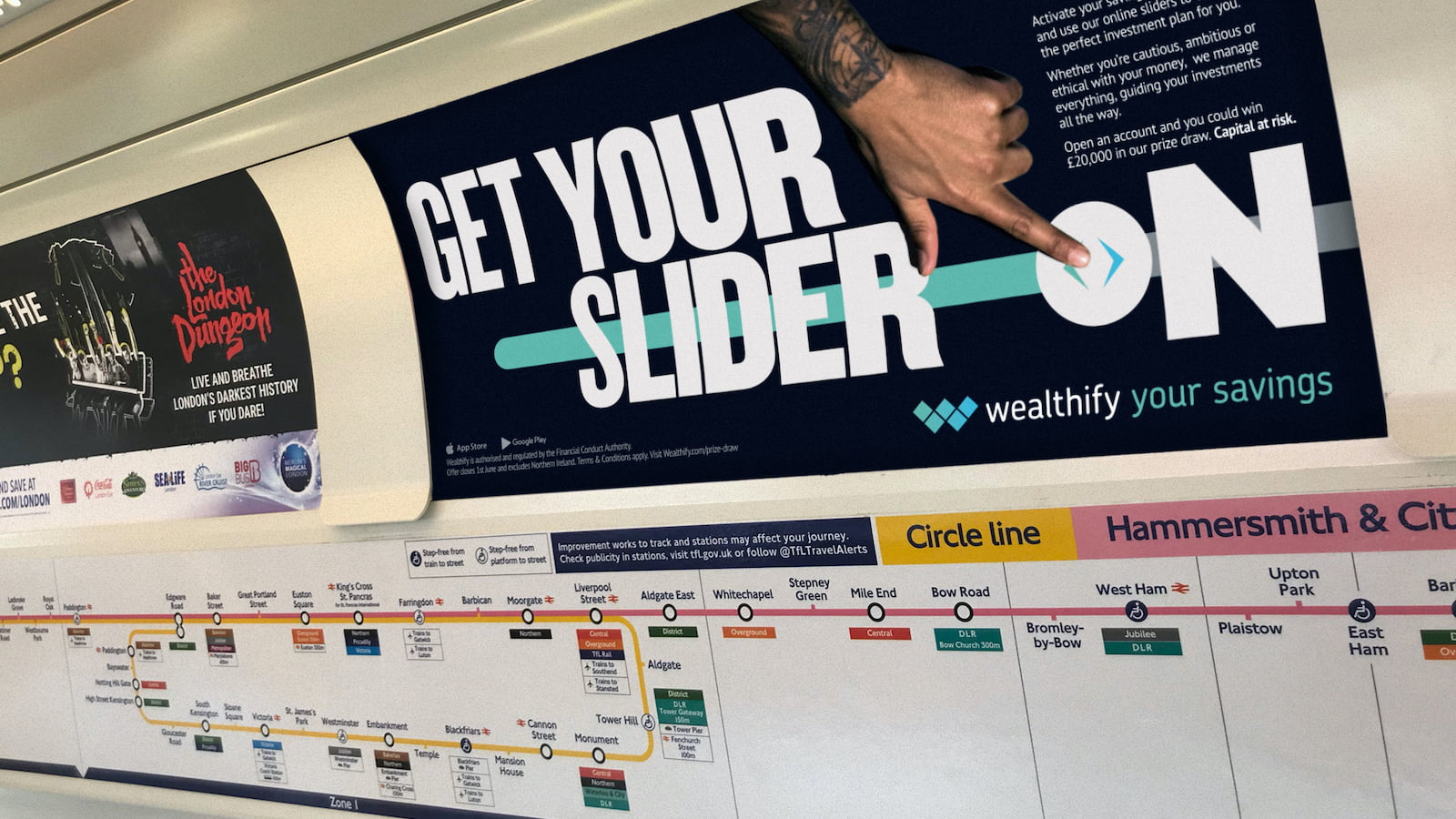 An advert for Wealthify displayed on the London Underground using Tube Car Panels.