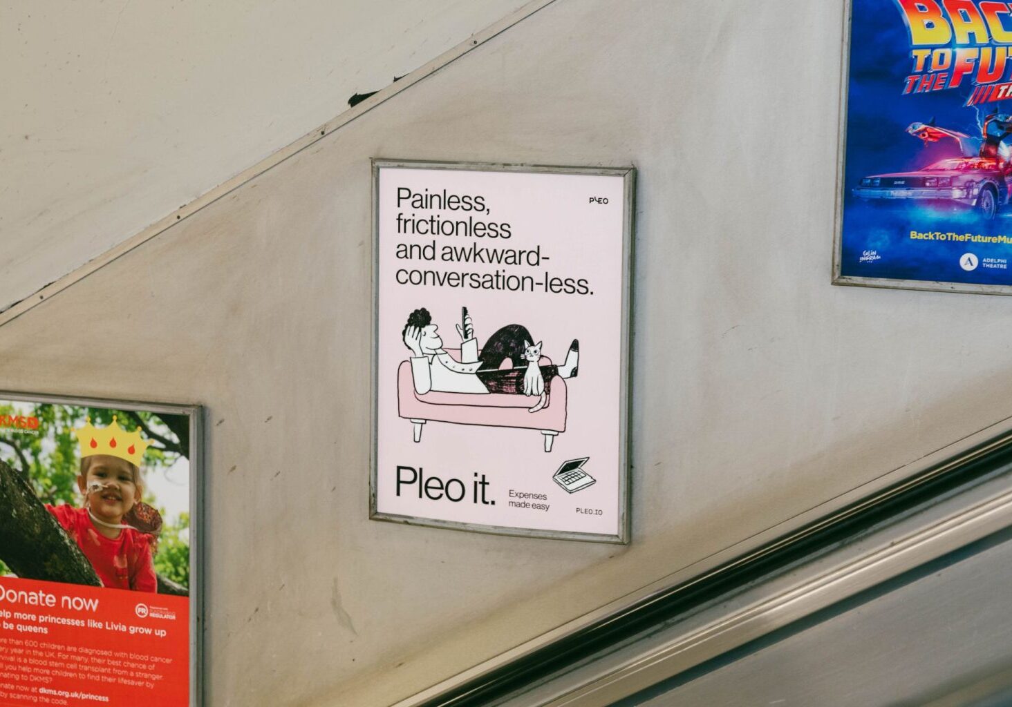 An advert for Pleo using lift escalator panels (LEP's) advertising on the London Underground.