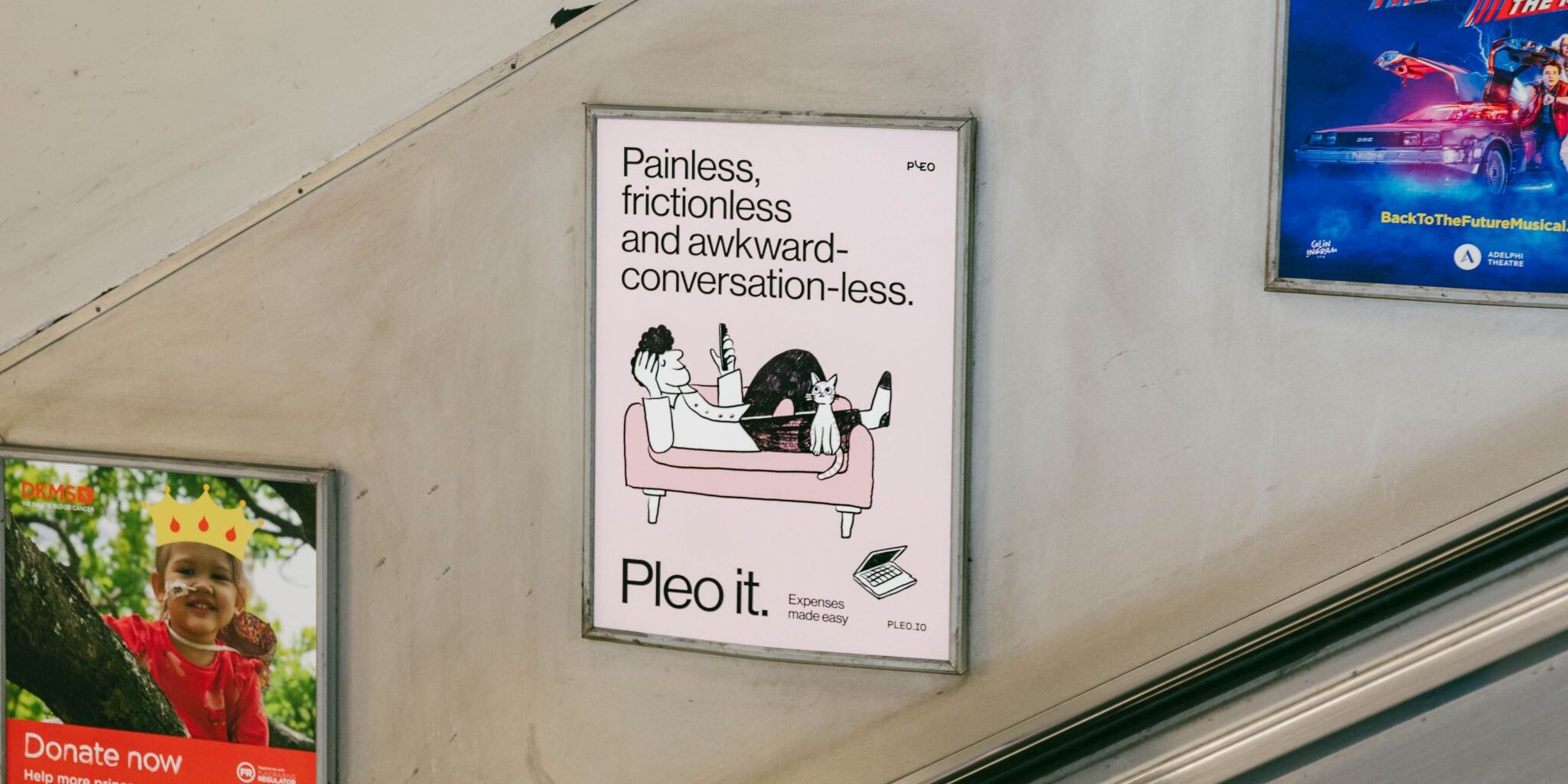 An advert for Pleo using lift escalator panels (LEP's) advertising on the London Underground.